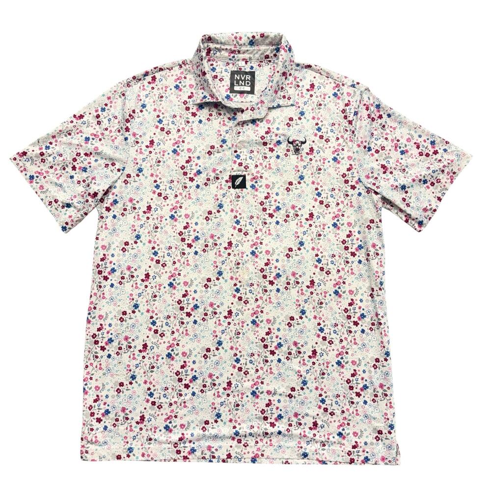 NVR LND Polo Shirt White Pink Floral Golf Performance Stretch Polo Mens Size L